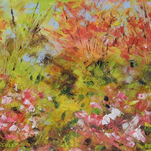 Original abstract landscape painting of a blooming garden painted with oil and cold wax on oil paper size 8" x 10".