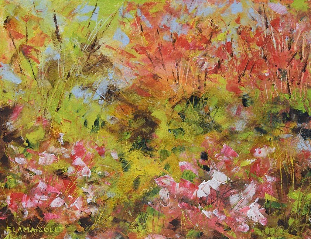 Original abstract landscape painting of a blooming garden painted with oil and cold wax on oil paper size 8" x 10".