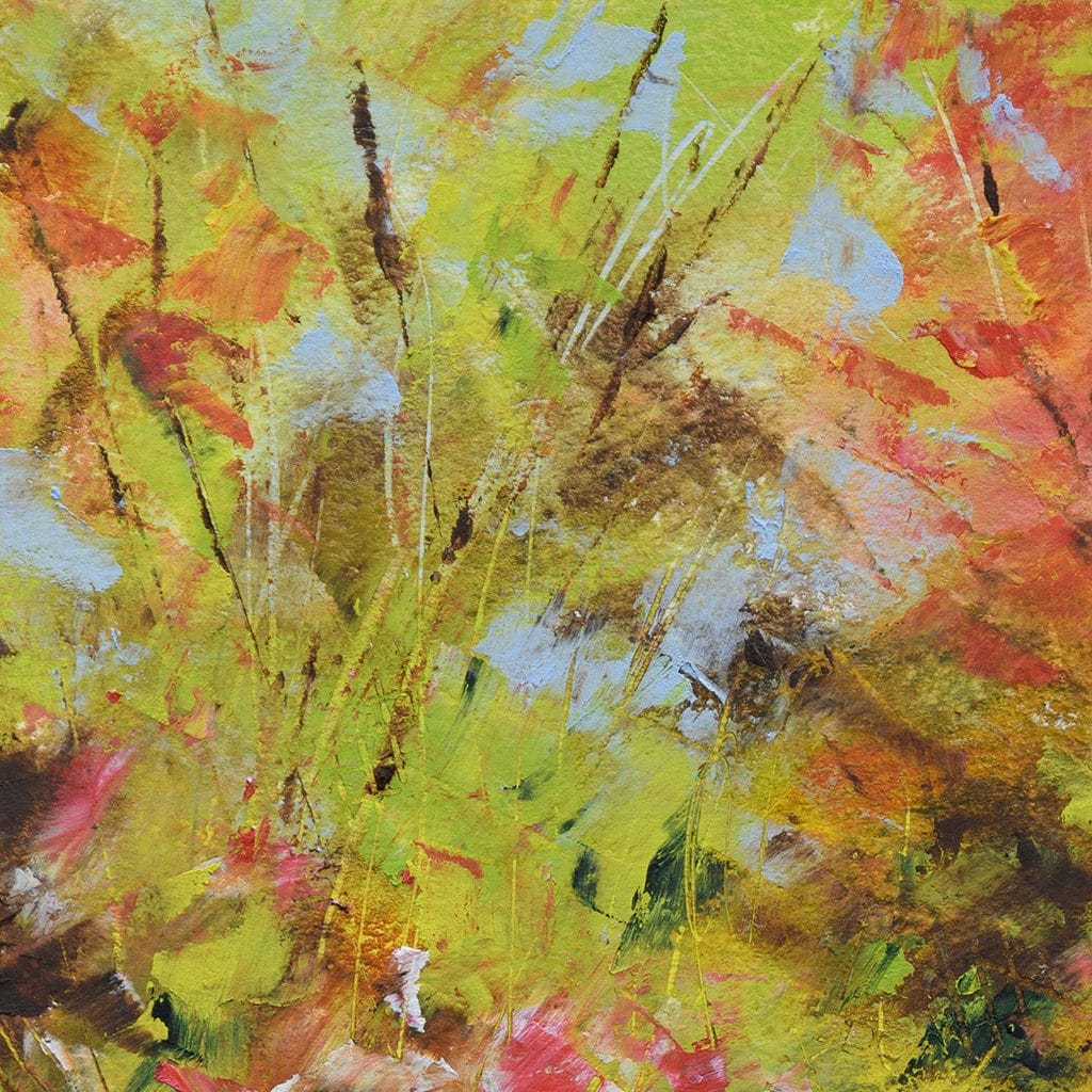 Original abstract landscape painting of a blooming garden painted with oil and cold wax on oil paper size 8" x 10".