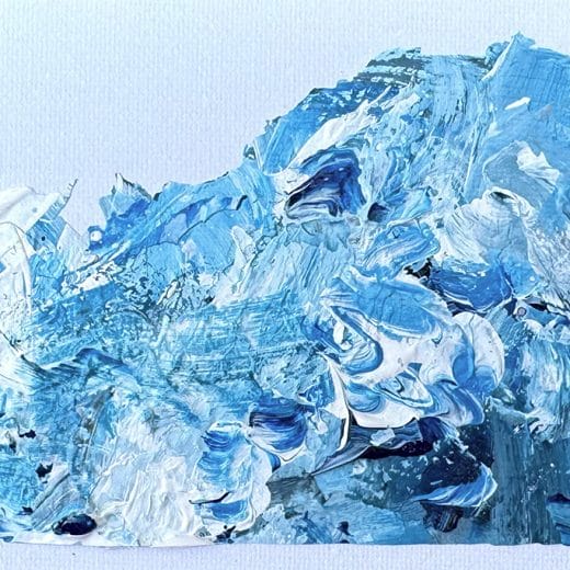 Blue and white abstract acrylic painting made with recycled dry paint on panel size 4" x 6"