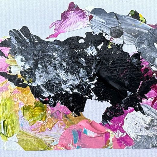 Miniature abstract acrylic painting made from recycled materials on panel size 4" x 6"