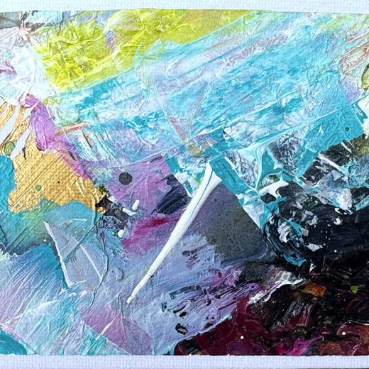 Miniature abstract landscape painting made from recycled materials on panel 4" x 6"