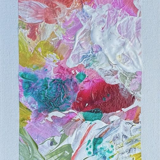 Colorful small abstract painting done with recycled materials on panel 4" x 6".