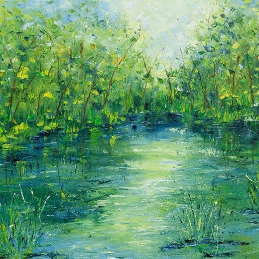 Green and blue Impressionist oil painting of a river on canvas size 24" x30"