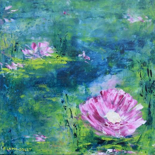 Oil and cold wax impressionist painting of a waterlily pond on cradle wood panel size 10"x10"
