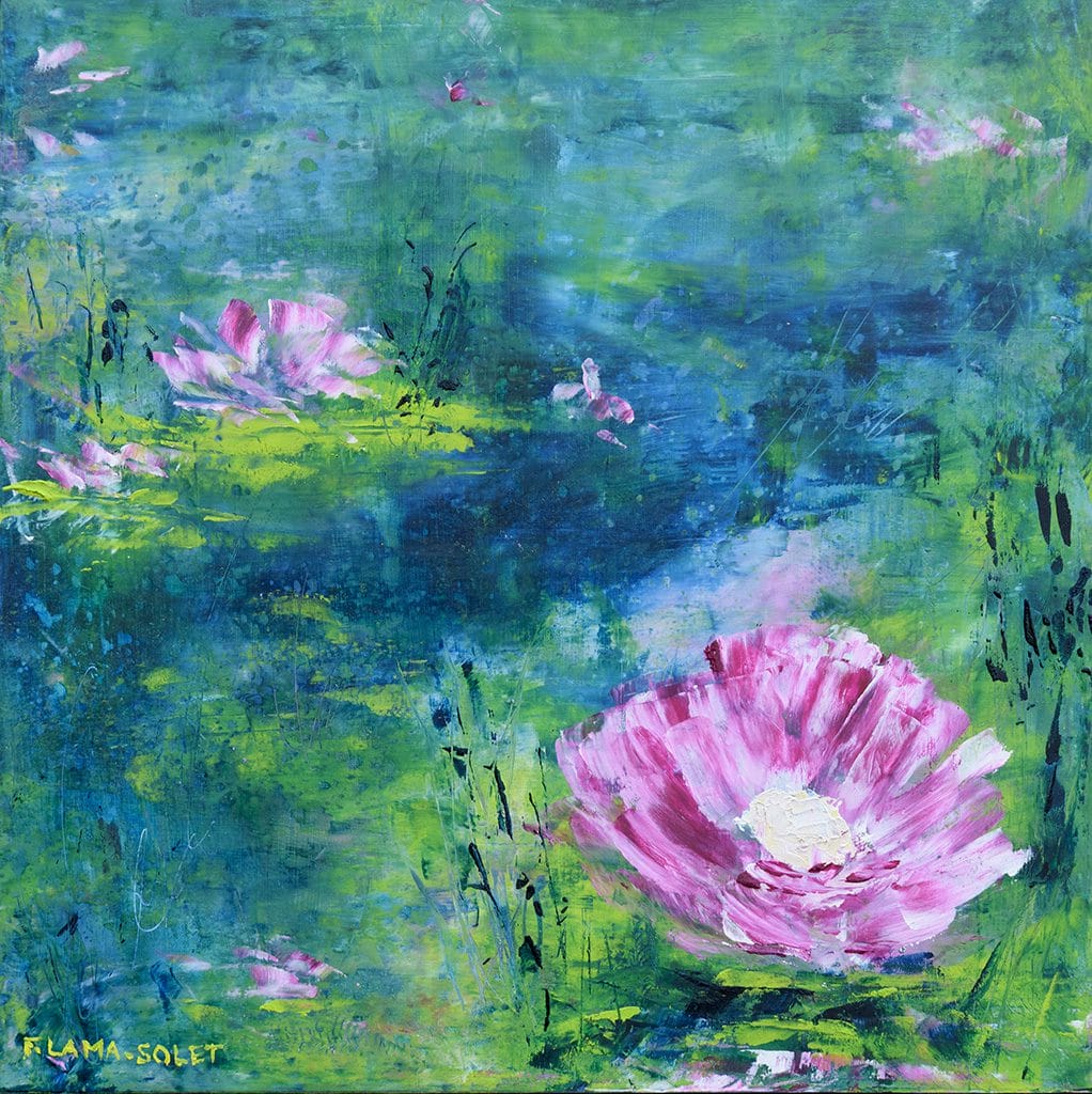 Oil and cold wax impressionist painting of a waterlily pond on cradle wood panel size 10"x10"