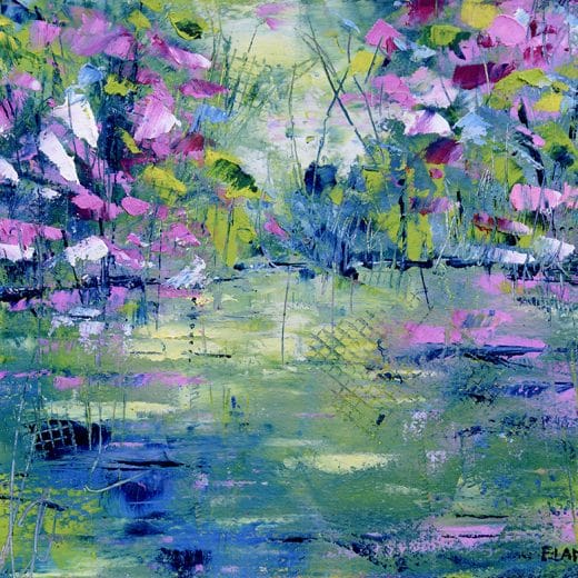 Oil and cold wax abstract landscape painting of blooming trees reflecting in a lake