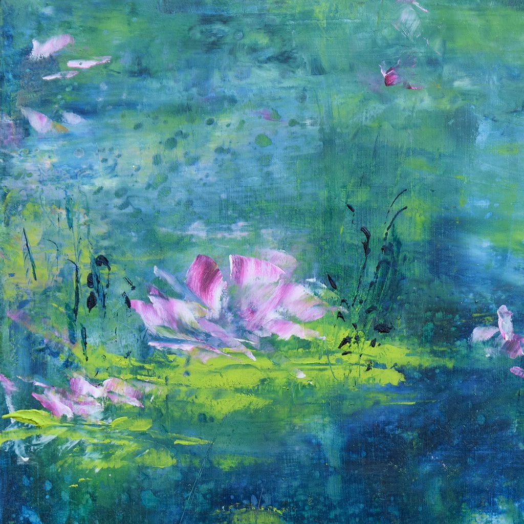 Oil and cold wax impressionist painting of a waterlily pond on cradle wood panel size 10"x10"