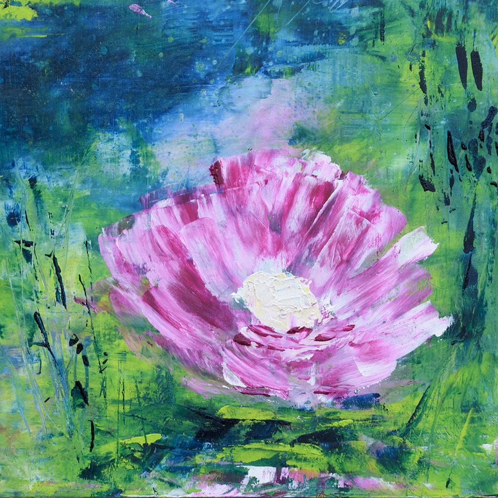 Oil and cold wax impressionist painting of a waterlily pond on cradle wood panel size 10"x10"