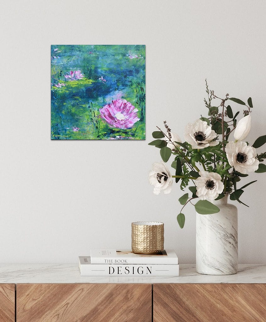 Oil and cold wax impressionist painting of a waterlily pond on cradle wood panel size 10"x10"