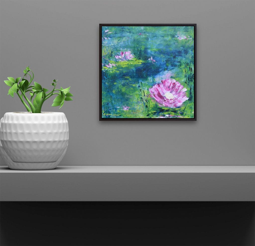 Oil and cold wax impressionist painting of a waterlily pond on cradle wood panel size 10"x10"