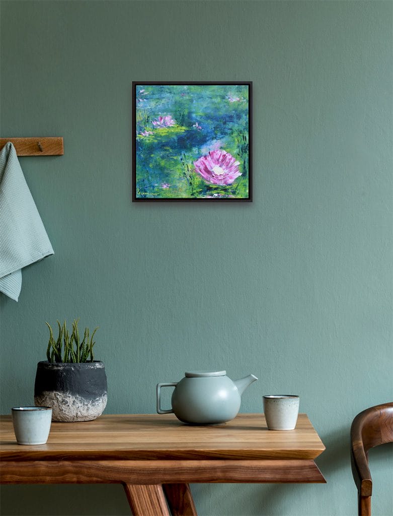 Oil and cold wax impressionist painting of a waterlily pond on cradle wood panel size 10"x10"