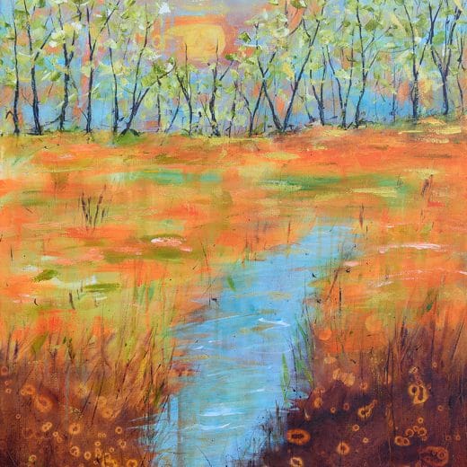 Original abstract landscape painting size 24" x 30 of a sunset on a field and water stream