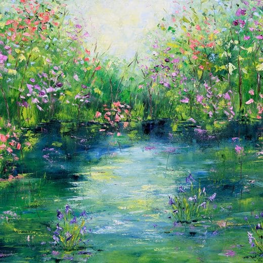Impressionist oil painting of a river surrounded by flowers on canvas 24" x 30"