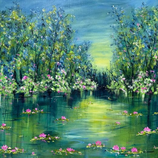 Impressionist landscape painting of a lake with waterlilies on canvas size 36" x 48"