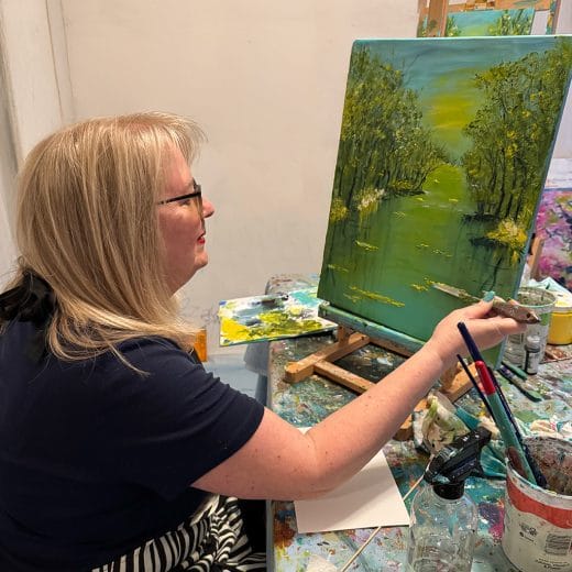 Learn to paint an impressionist landscape with water reflections and lilies in this One on one painting workshop