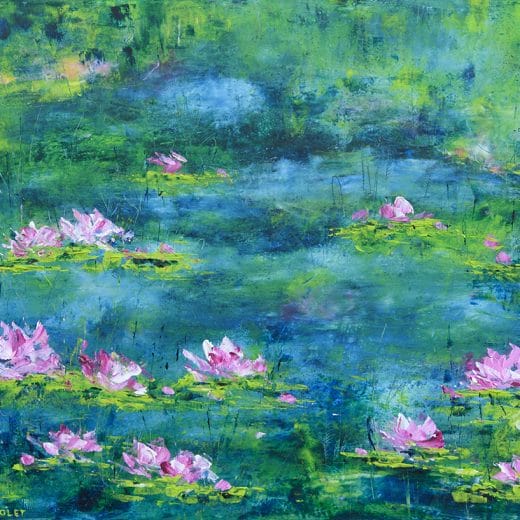 Contemporary impressionist oil and cold wax painting of a tranquil and magical waterlily pond.