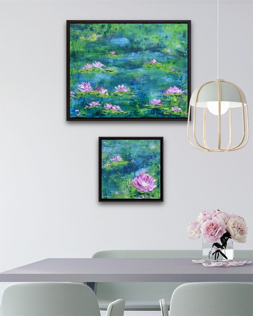 Contemporary impressionist oil and cold wax painting of a tranquil and magical waterlily pond.