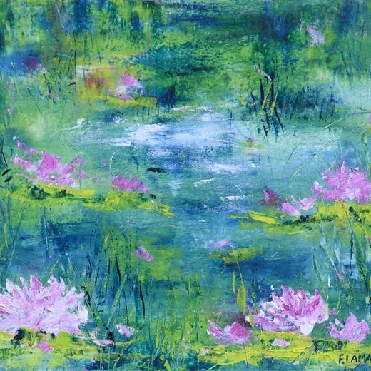 Contemporary impressionist painting of a waterlily pond hand painted with oil and cold wax on oil paper size 8" x 10"