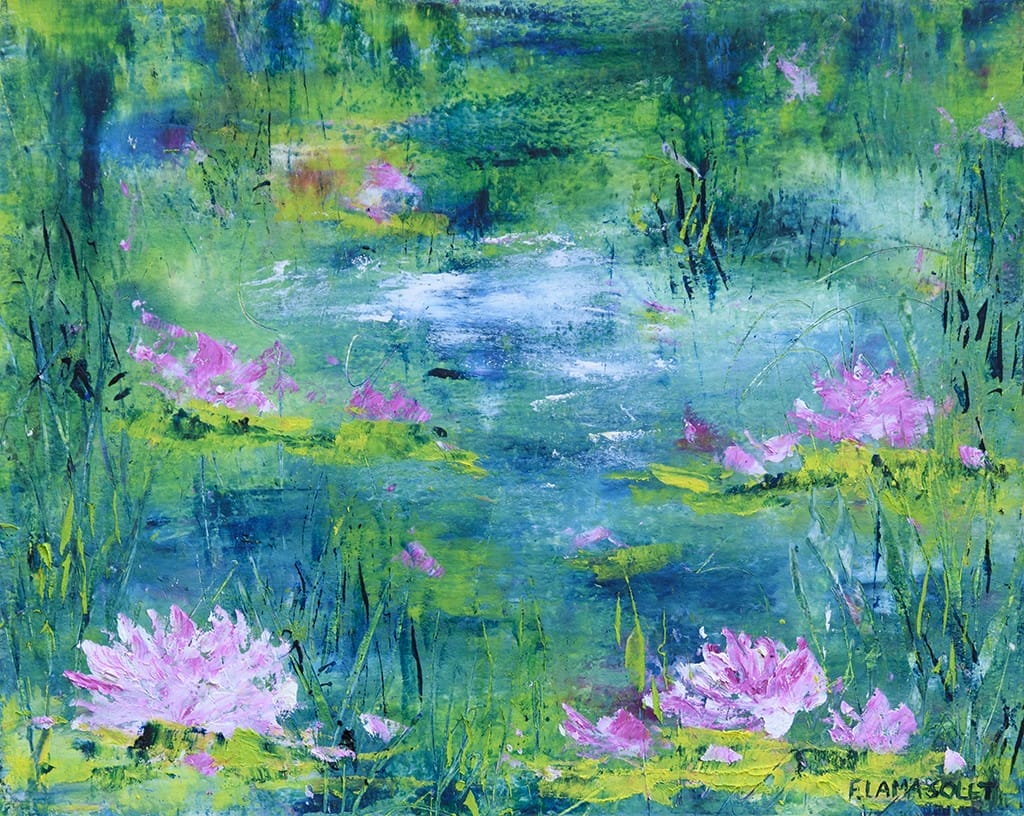 Contemporary impressionist painting of a waterlily pond hand painted with oil and cold wax on oil paper size 8" x 10"
