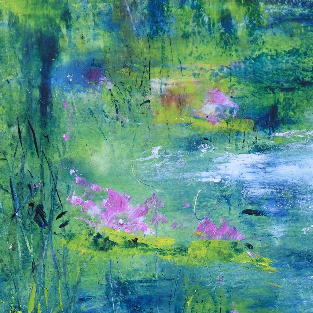 Contemporary impressionist painting of a waterlily pond hand painted with oil and cold wax on oil paper size 8" x 10"