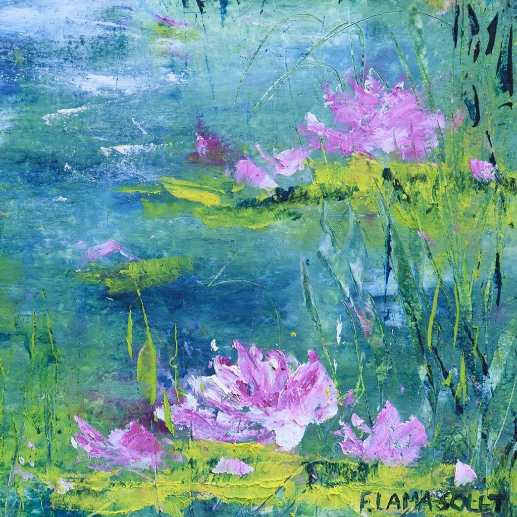 Contemporary impressionist painting of a waterlily pond hand painted with oil and cold wax on oil paper size 8" x 10"