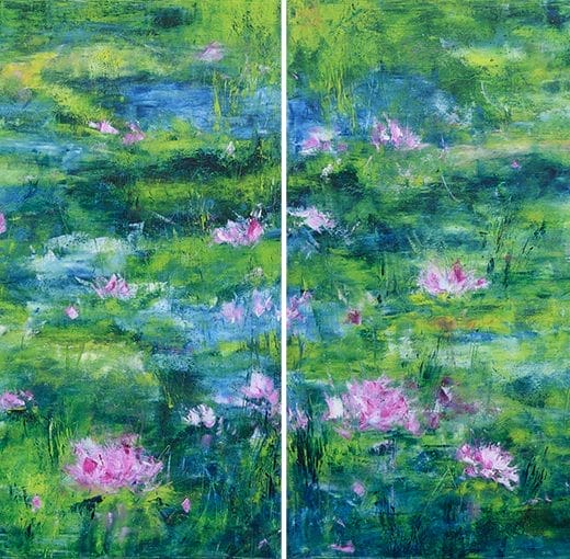 Peaceful contemporary impressionist oil painting of a waterlily pond hand painted on cradle wood panels size 24" x 48"
