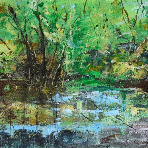 Impressionist landscape painting of a trail in the forest hand painted with acrylics on watercolor paper size 8x10