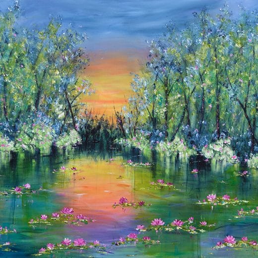 Large contemporary impressionist painting of a sunset over a lake and waterlilies size 40" x 60"