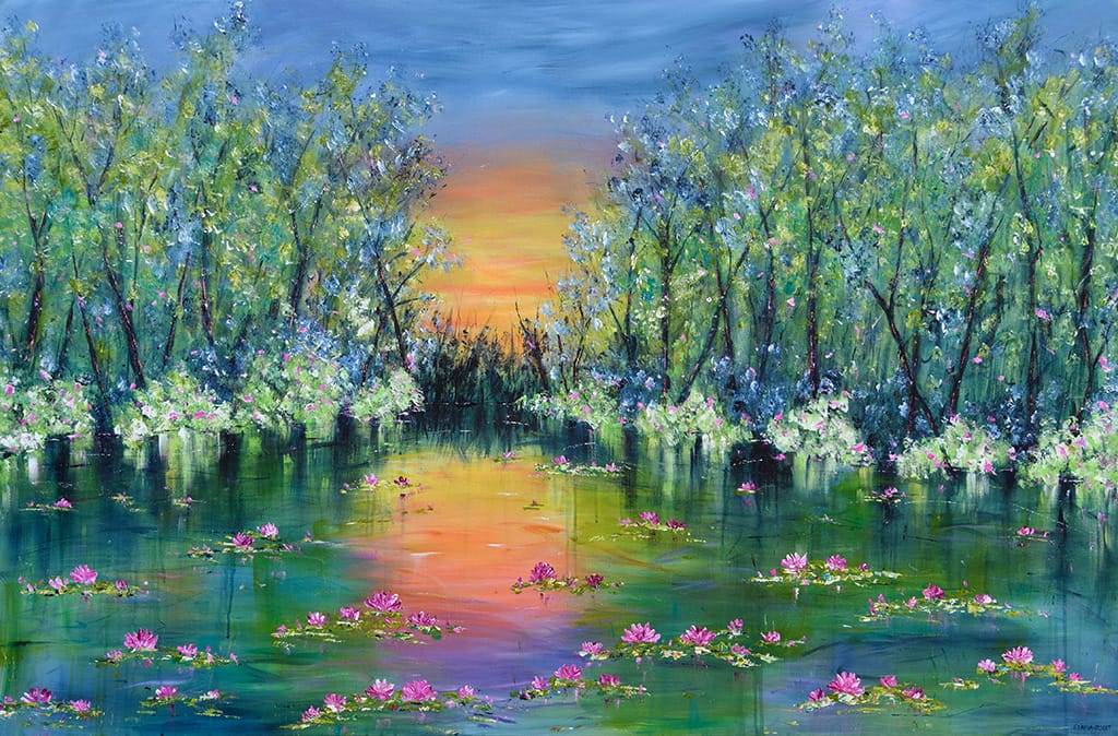 Large contemporary impressionist painting of a sunset over a lake and waterlilies size 40" x 60"