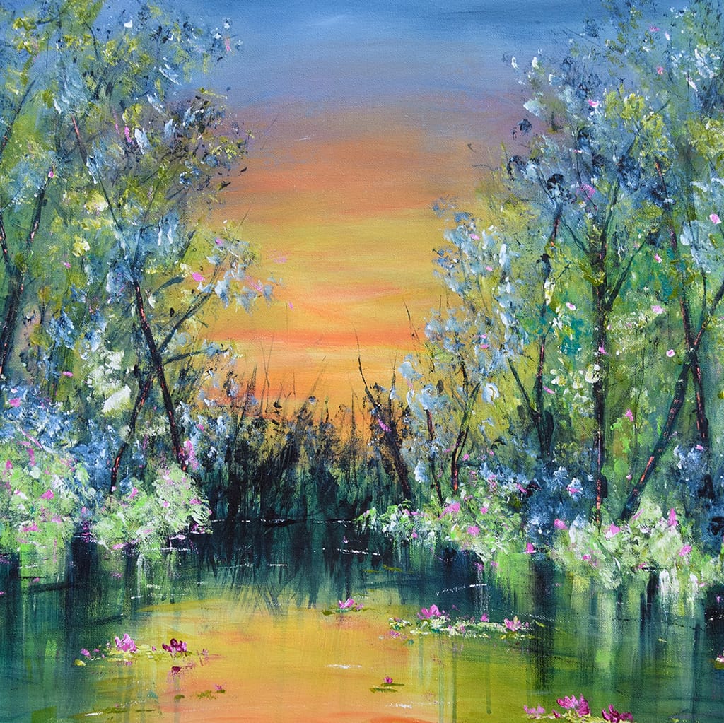 Large contemporary impressionist painting of a sunset over a lake and waterlilies size 40" x 60"
