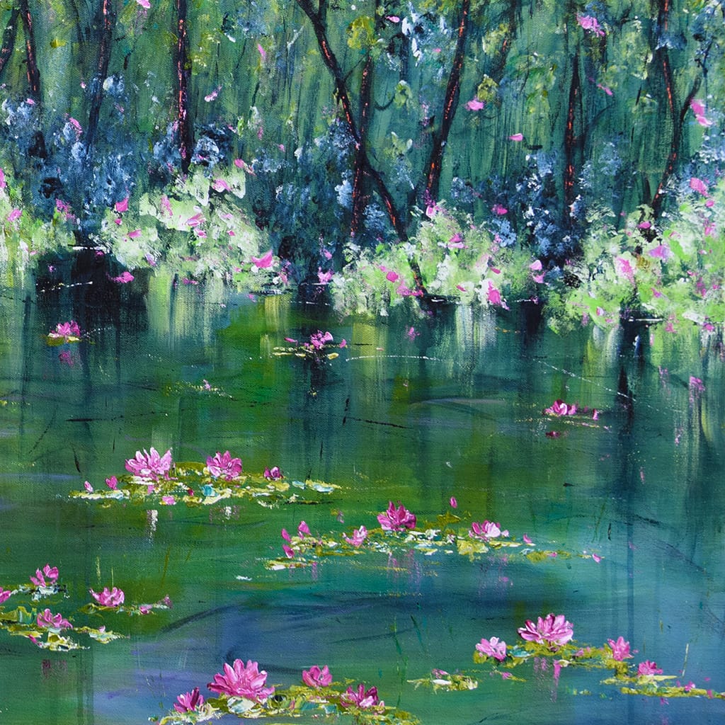 Large contemporary impressionist painting of a sunset over a lake and waterlilies size 40" x 60"