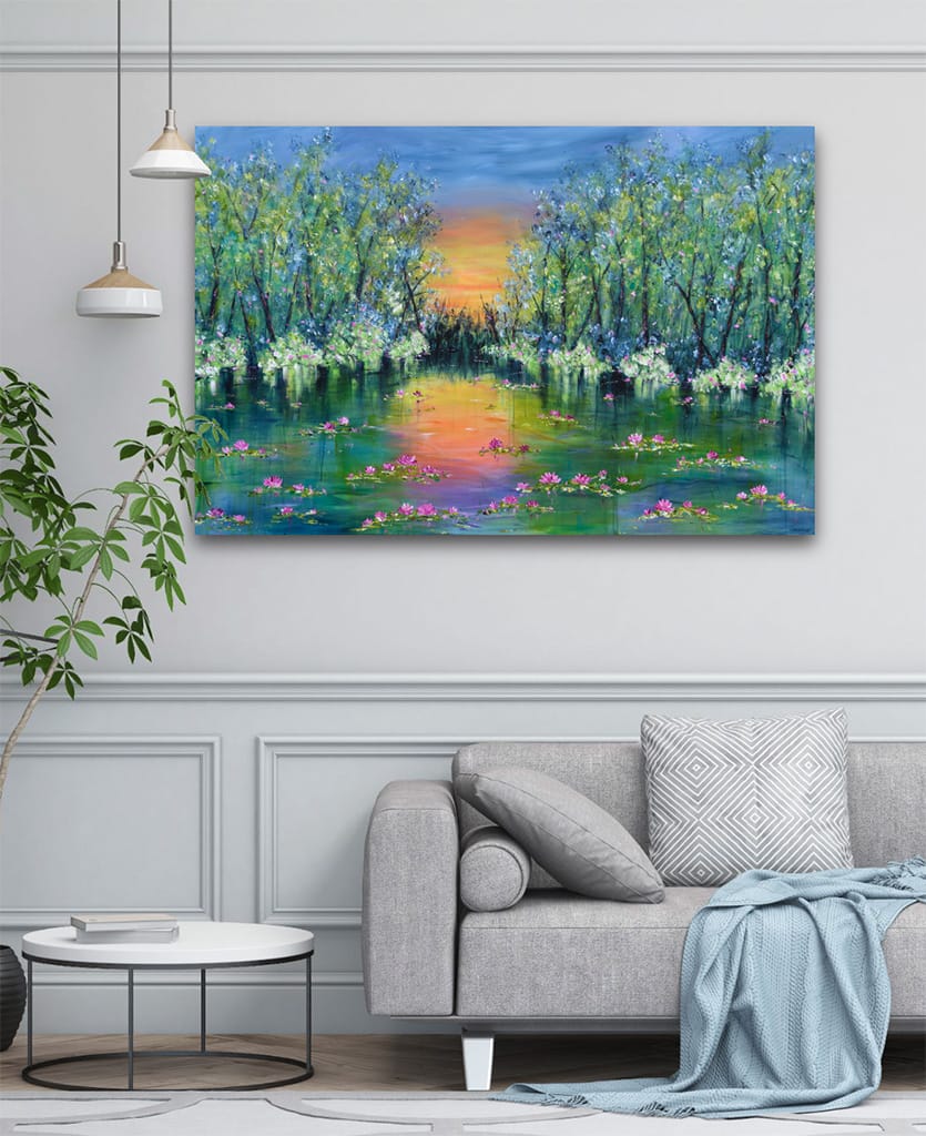 Large contemporary impressionist painting of a sunset over a lake and waterlilies size 40" x 60"