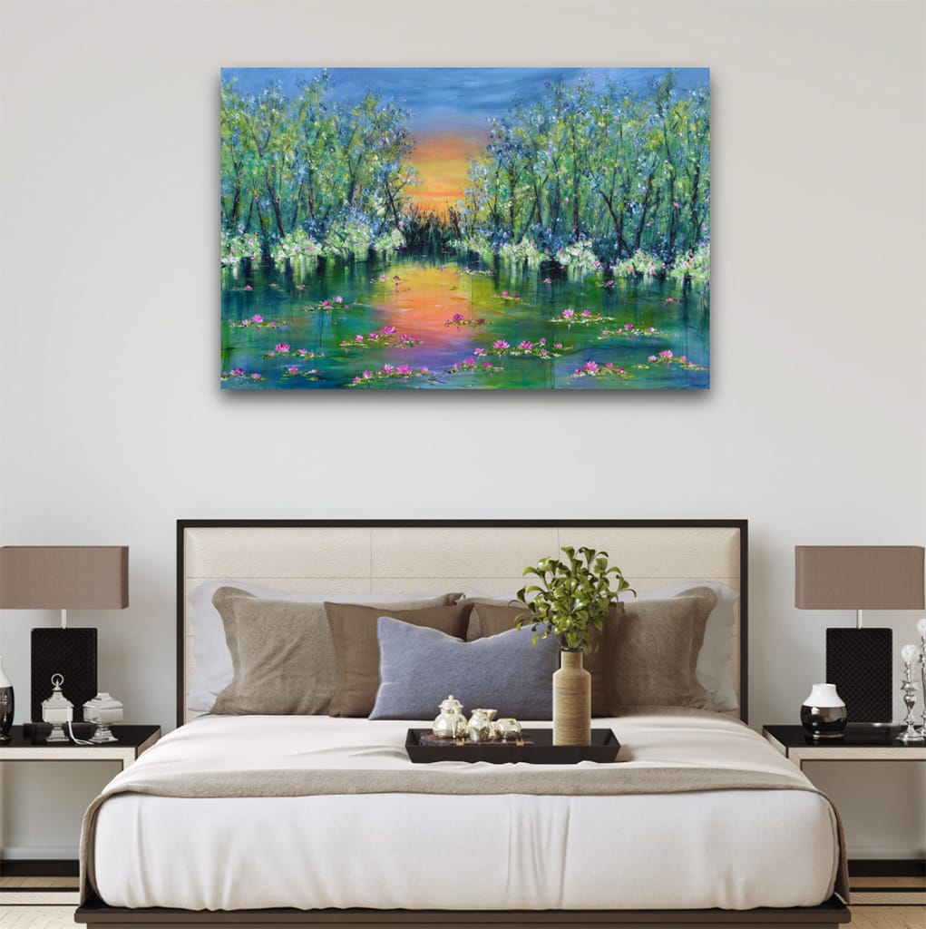 Large contemporary impressionist painting of a sunset over a lake and waterlilies size 40" x 60"