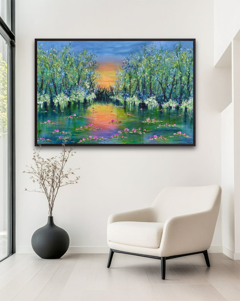 Large contemporary impressionist painting of a sunset over a lake and waterlilies size 40" x 60"