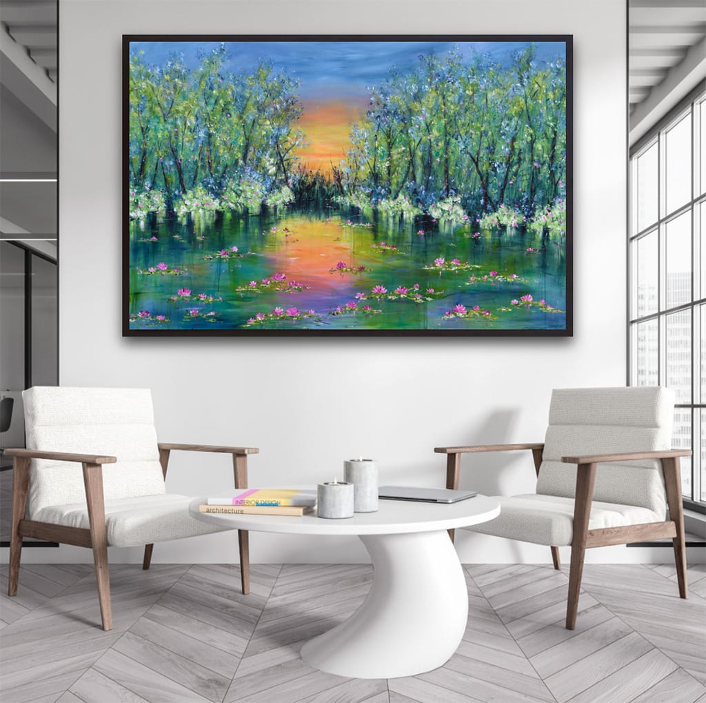 Large contemporary impressionist painting of a sunset over a lake and waterlilies size 40" x 60"