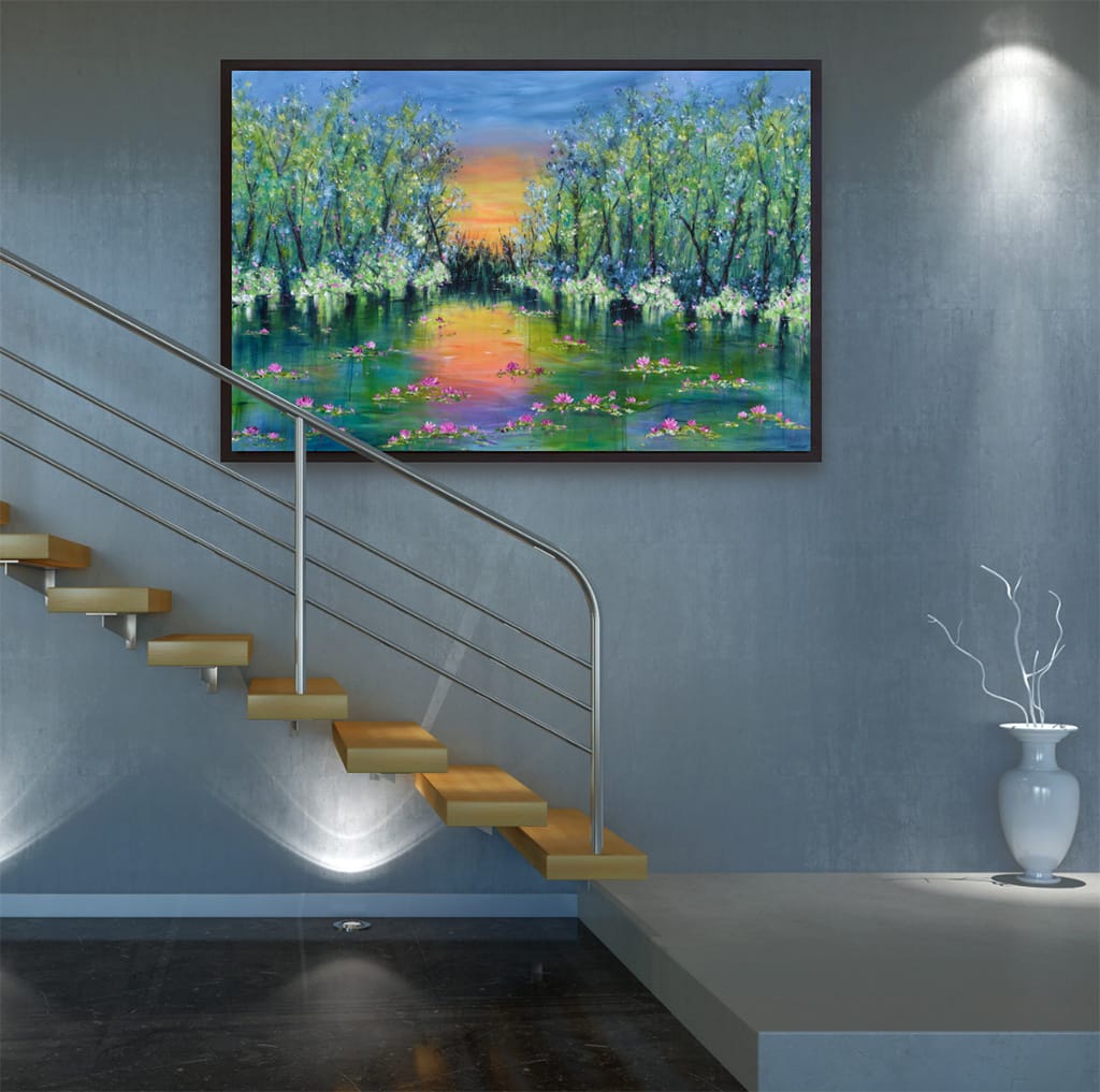 Large contemporary impressionist painting of a sunset over a lake and waterlilies size 40" x 60"