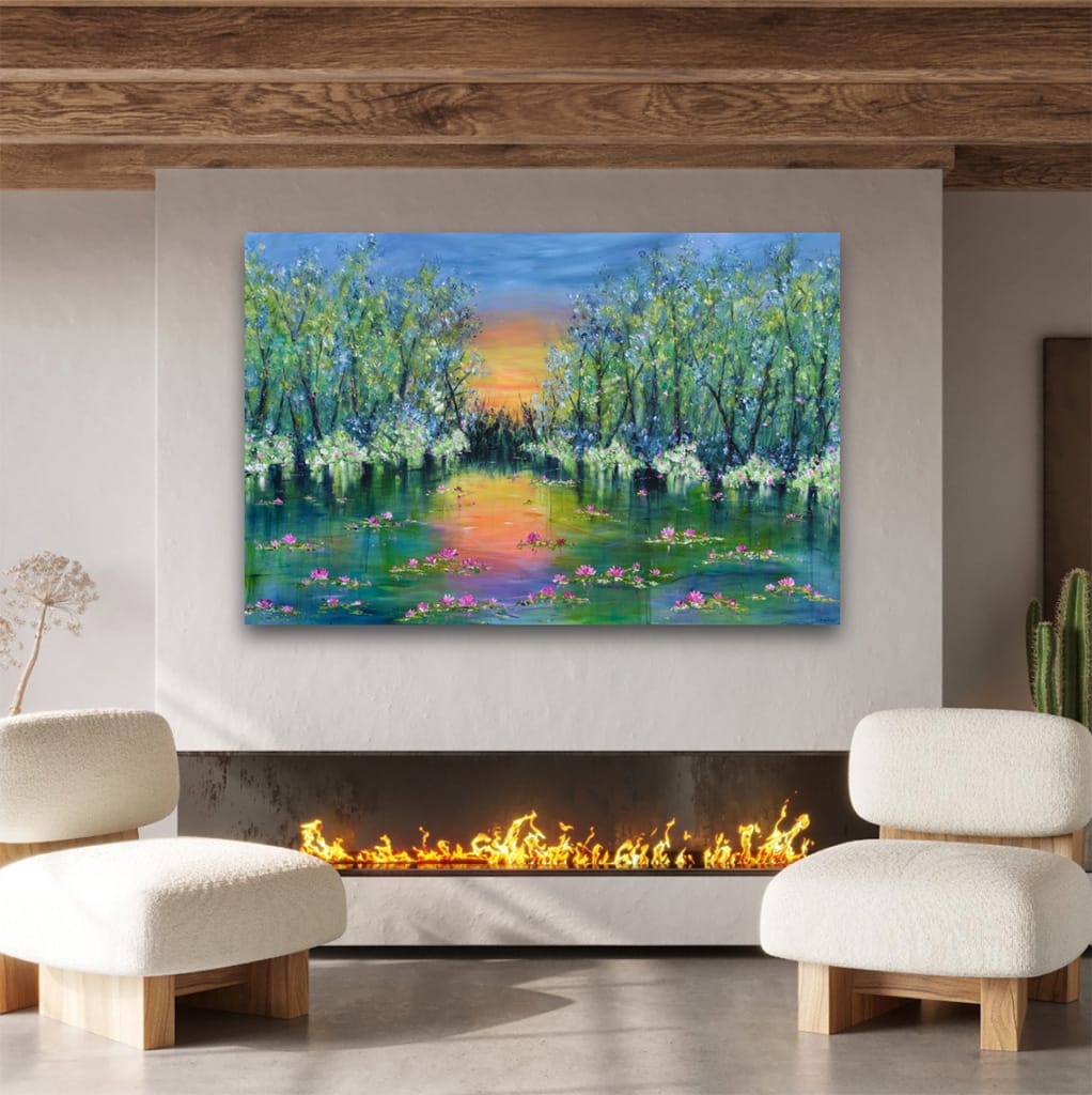 Large contemporary impressionist painting of a sunset over a lake and waterlilies size 40" x 60"