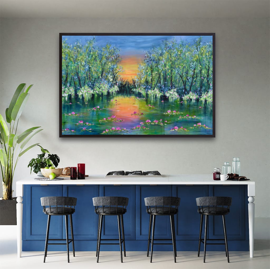 Large contemporary impressionist painting of a sunset over a lake and waterlilies size 40" x 60"