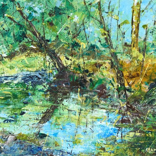 Contemporary impressionist painting reflecting a forest scenery with trees reflecting in a creek