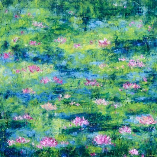 Original impressionist oil painting of a waterlily pond size 36" x 36"