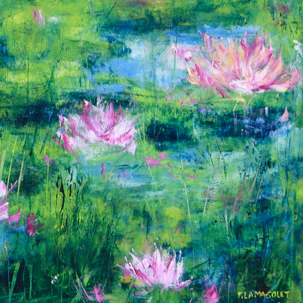 Original impressionist oil painting of a waterlily pond size 36" x 36"