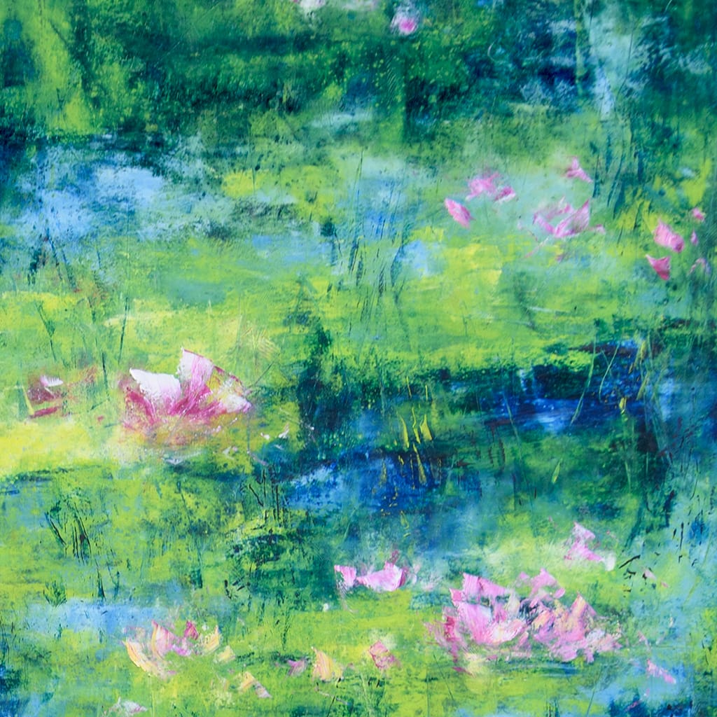 Original impressionist oil painting of a waterlily pond size 36" x 36"