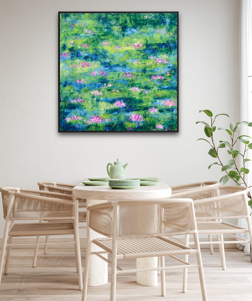 Original impressionist oil painting of a waterlily pond size 36" x 36"