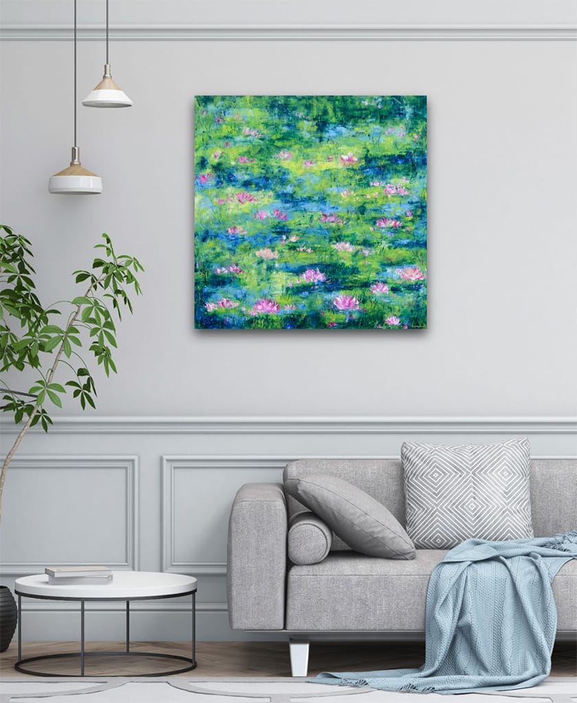 Original impressionist oil painting of a waterlily pond size 36" x 36"