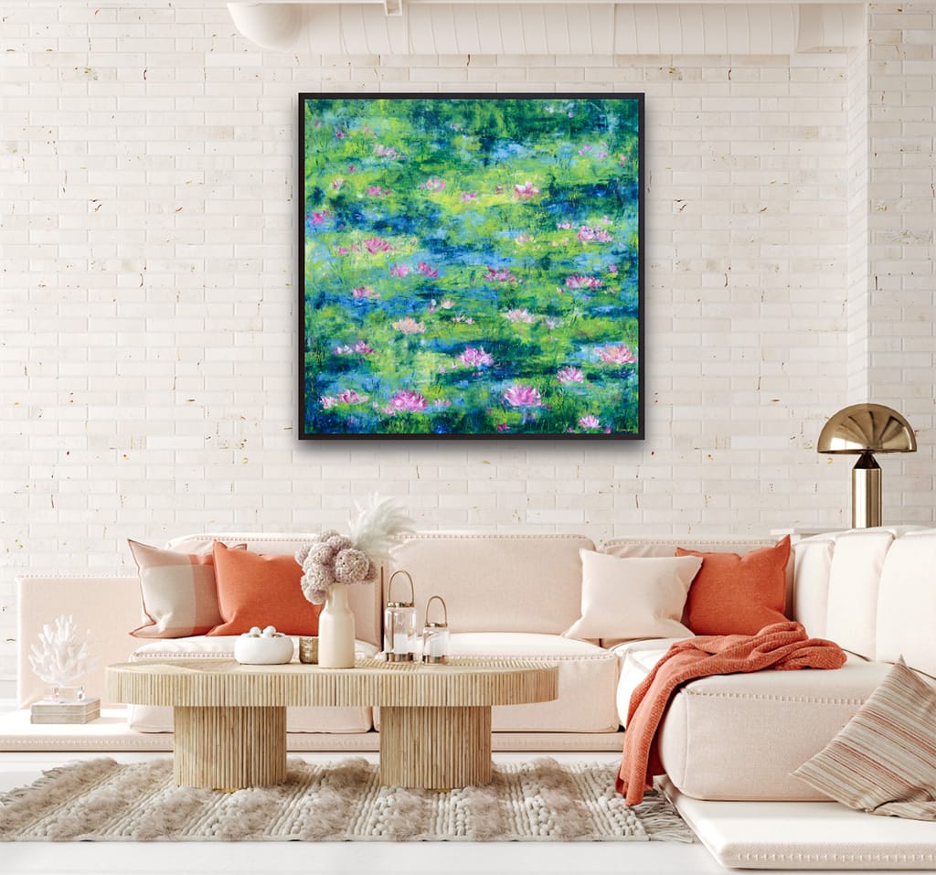 Original impressionist oil painting of a waterlily pond size 36" x 36"
