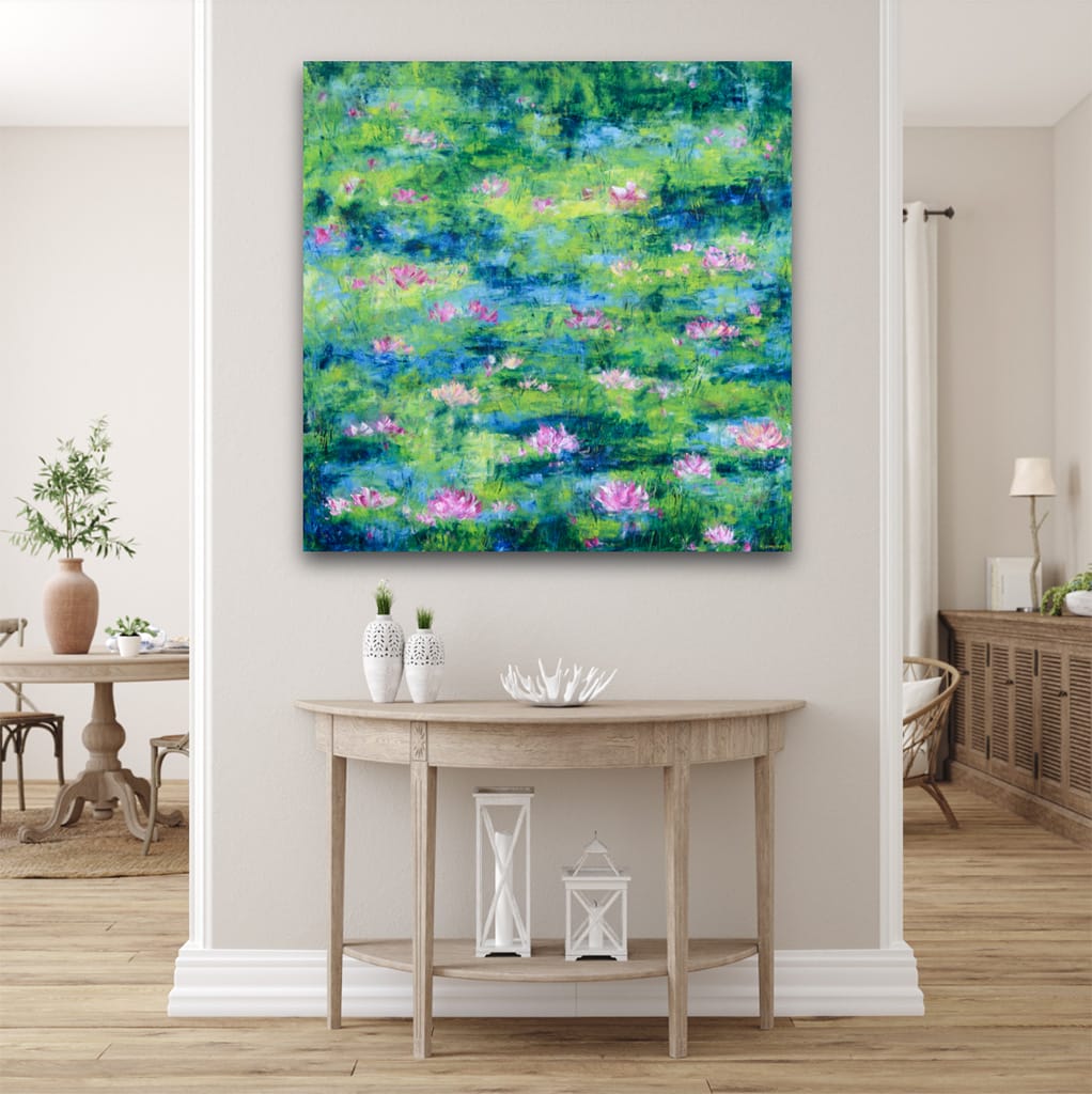 Original impressionist oil painting of a waterlily pond size 36" x 36"