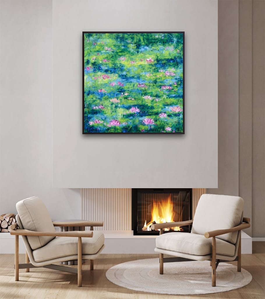 Original impressionist oil painting of a waterlily pond size 36" x 36"