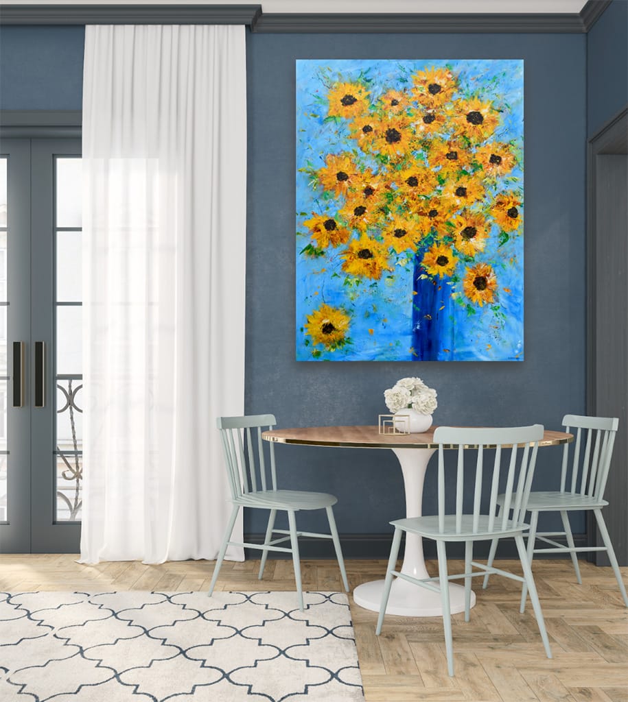 Large impressionist sunflower bouquet painting hand painted with acrylics on canvas 36" x 48"