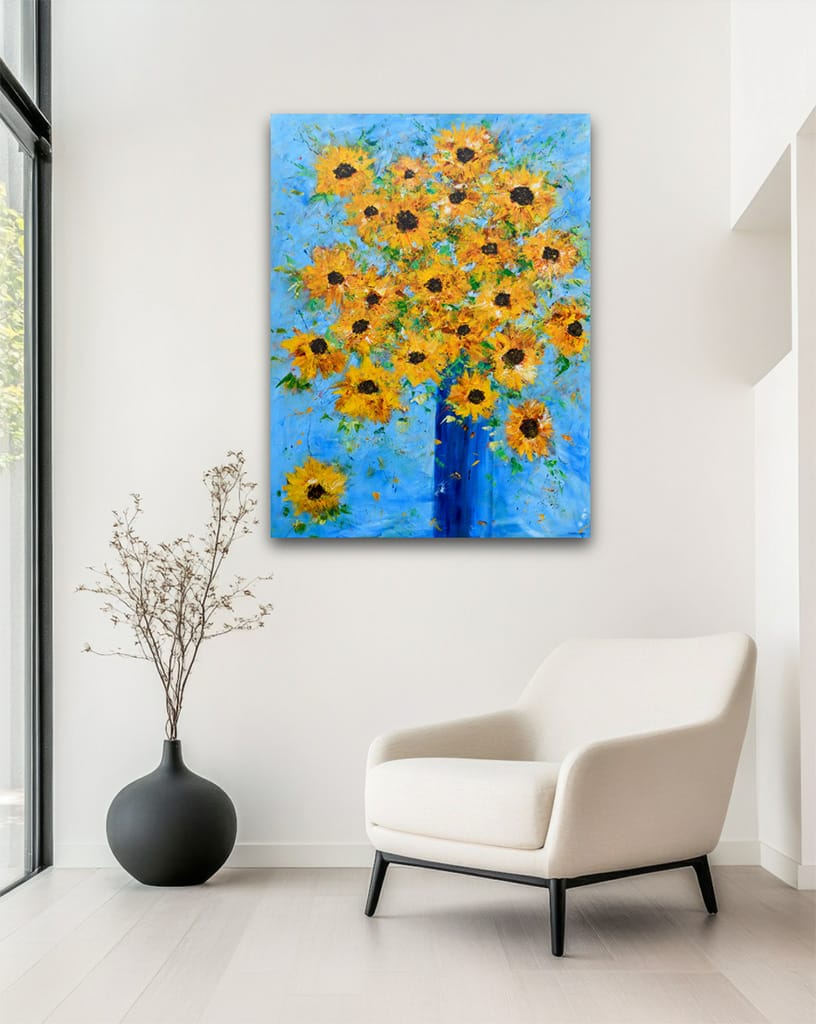 Large impressionist sunflower bouquet painting hand painted with acrylics on canvas 36" x 48"